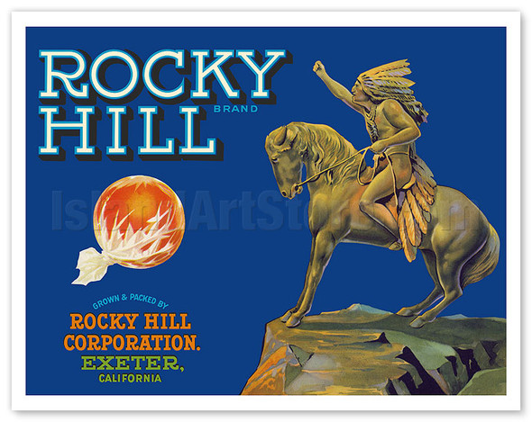 Rocky Hill California Oranges - Native American Chief on Horse Back - c. 1930's - Vintage Advertisement Poster