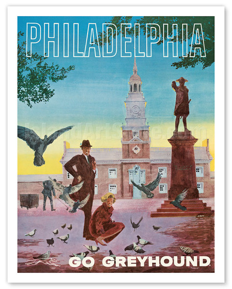 Philadelphia - Go Greyhound - Independence Hall National Historic Park & Commodore John Barry Statue - Poster by George Roth