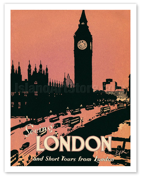 Seeing London - and Short Tours from London England - Big Ben Clock Tower - c. 1932 - Vintage Travel Poster