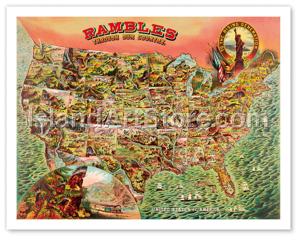 Rambles through our Country - Map of the United States 1890s - Vintage Map