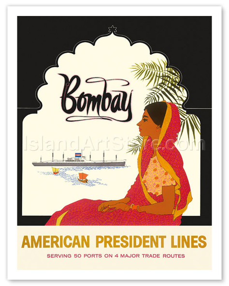 Bombay Mumbai India - Indian Woman in Red Sari - American President Lines - Vintage Cruise Ship Travel Poster