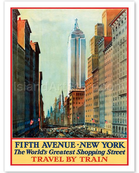 Fifth Avenue, New York - The World's Greatest Shopping Street - Travel by Train - Vintage Travel Poster