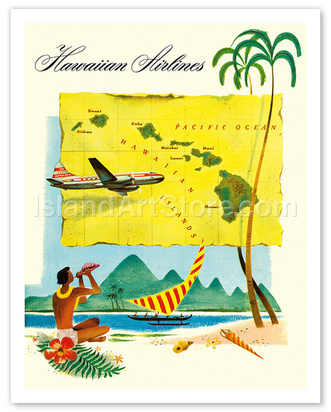 Fly Hawaiian Airlines - Vintage Airline Travel Poster