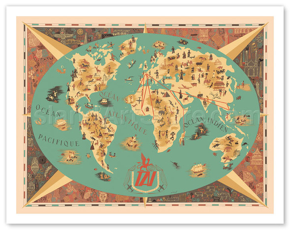Map of World - TAI Airlines (Transports Aériens Intercontinenteaux) - Poster by F. Lesourt