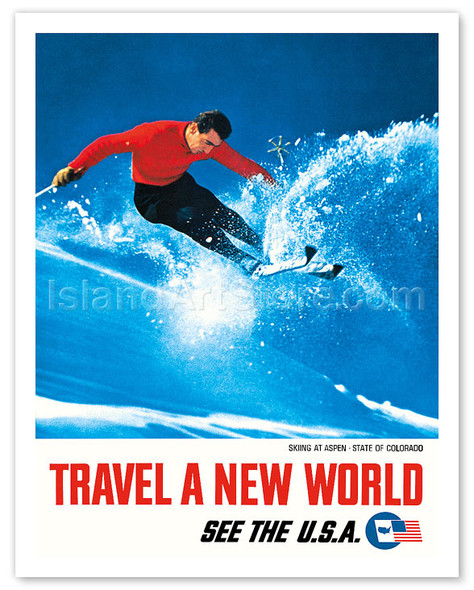Skiing at Aspen, State of Colorado - Travel A New World - See the USA - Vintage Travel Poster