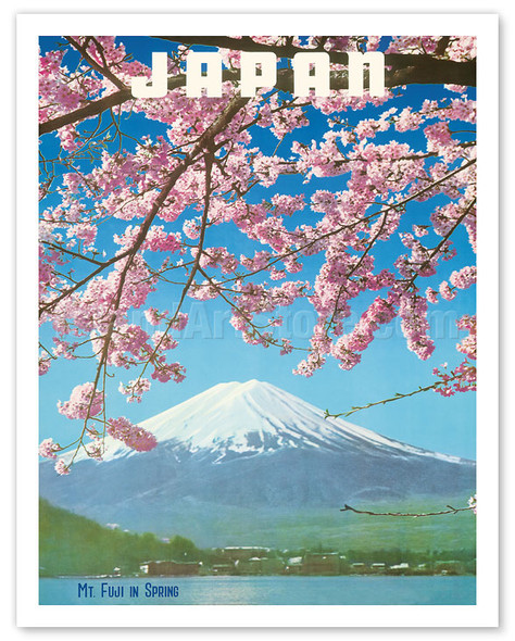 Japan - Mount Fiji in Spring - Cherry Tree Blossoms - Vintage Photograph - c. 1960's - Vintage Travel Poster