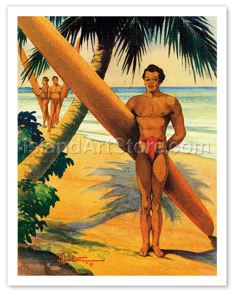 Surfers at the Beach, Hawaii - Poster by Henry B. Christian