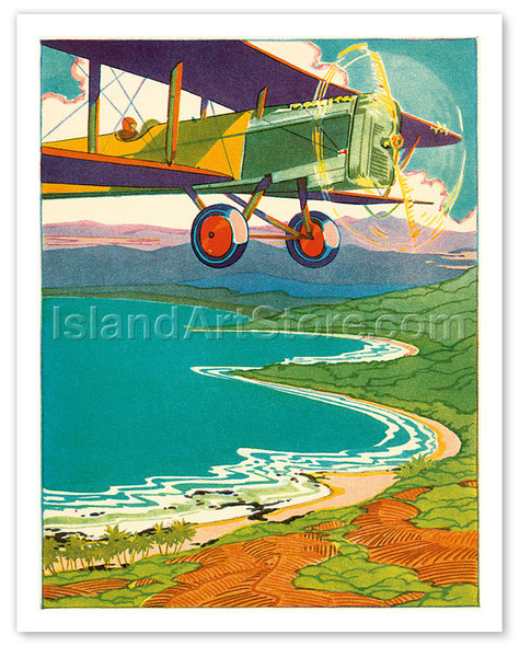 Bi-Plane Over The Hawaii Coastline - Poster by Lucille Webster Holling