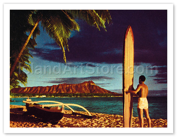 Outrigger & Diamond Head, Surfer, Oahu, Hawaii - Poster by Stewart Fern
