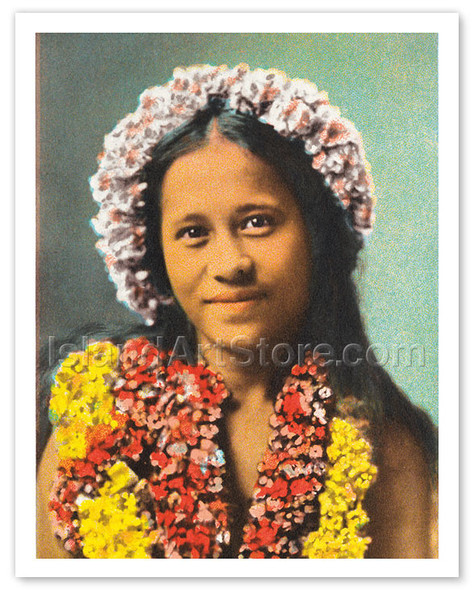 Hawaiian Girl with Leis - Vintage Hand-colored Photo Postcard
