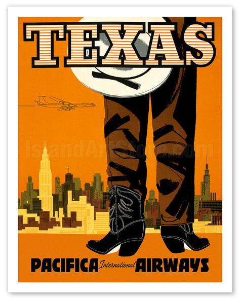 Texas - Pacifica International Airways - Cowboy - c. 1960 - Vintage Airline Travel Poster