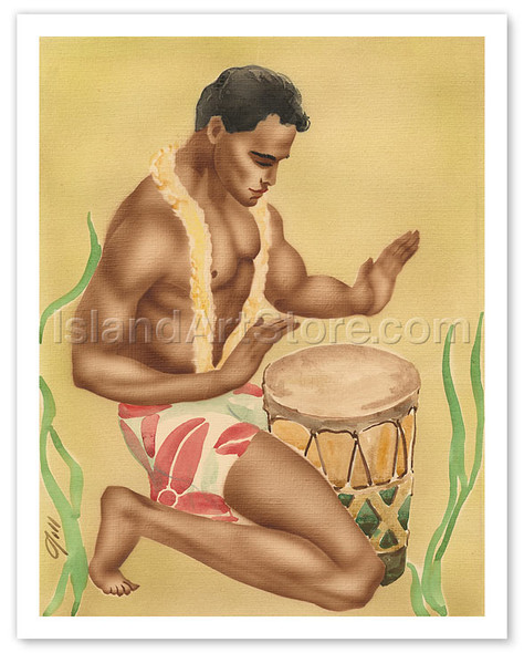 Hawaiian Kneeling Drummer - Poster by Gill