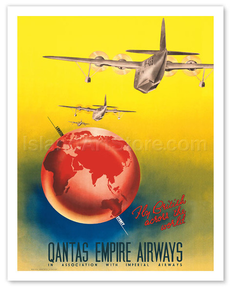 Fly British across the World - London to Sydney - Qantas Empire Airways (QEA) in Association with Imperial Airways - Poster by Russell Roberts