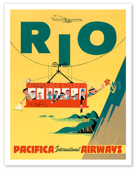Rio de Janeiro, Brazil - Cable Car to Sugar Loaf Mountain - Pacifica International Airways - c. 1950's - Vintage Airline Travel Poster
