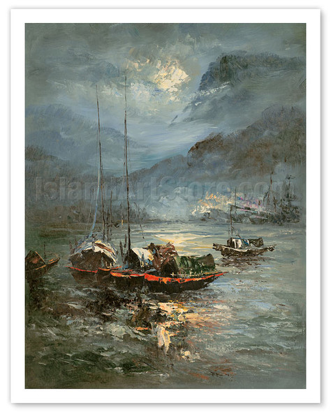 Sailboats in Moonlit Harbor - Vintage Painting