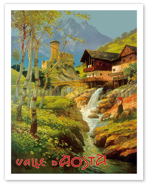 Aosta Valley (Valle D'Aosta), Italy - Italian Alps - Ski Village - Vintage Travel Poster