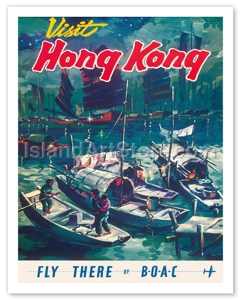 Visit Hong Kong - Fly There by BOAC - Chinese Junket Boats in Hong Kong Harbor - Vintage Airline Travel Poster