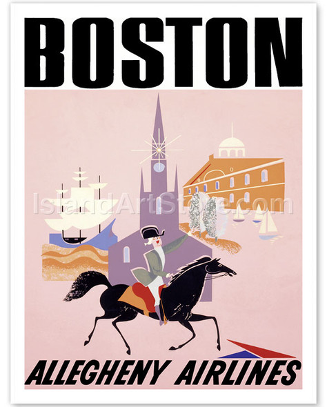 Boston - Allegheny Airlines - Mayflower Ship and Faneuil Hall - Vintage Travel Poster