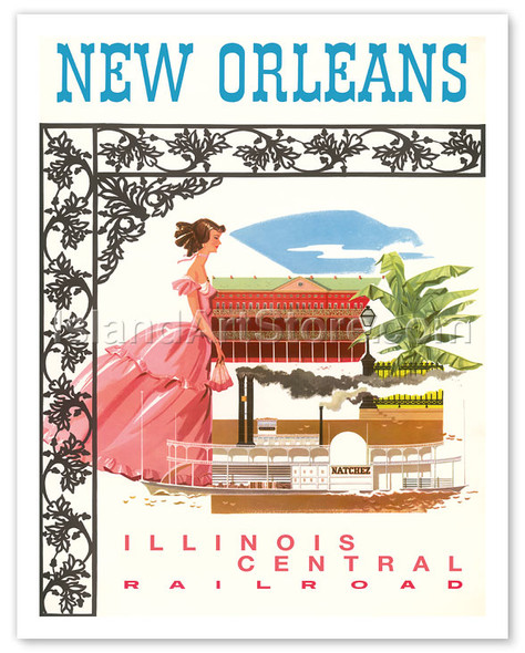 New Orleans, USA - Illinois Central Railroad - Vintage Travel Poster
