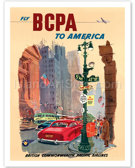 New York City - 5th Avenue and 42nd Street - Fly BCPA to America - British Commonwealth Pacific Airline - Poster by Keith Howland
