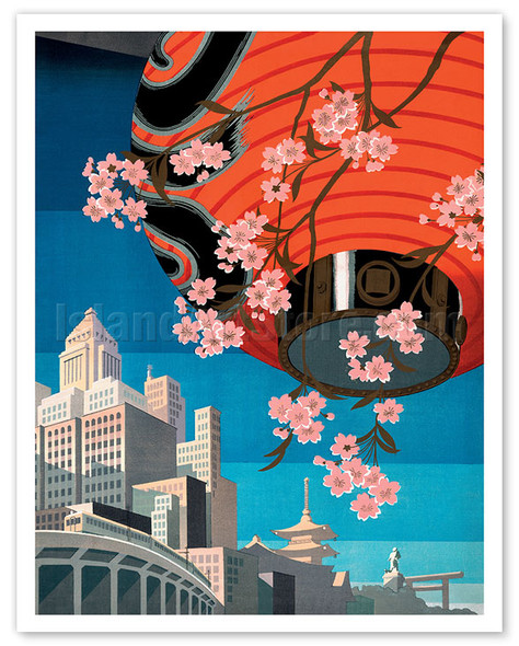 Tokyo, Japan - Red Paper Lantern with Cherry Blossoms - c. 1930's - Vintage Travel Poster