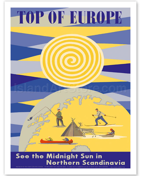 Top of Europe - See Midnight Sun in Northern Scandinavia - Sweden Norway Finland Denmark - Vintage European Travel Poster