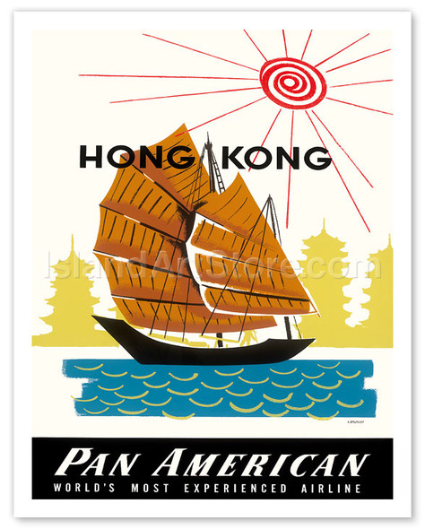 Hong Kong, China Pan Am American Traditional Sail Boat and Temples - Poster by Aaron Amspoker
