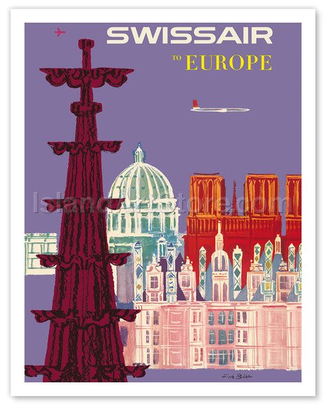 To Europe - Swissair - Switzerland - Cathedrals - Poster by Fritz Bühler