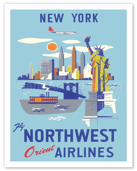 New York - USA - Manhattan - Fly Northwest Orient Airlines - Vintage Airline Travel Poster