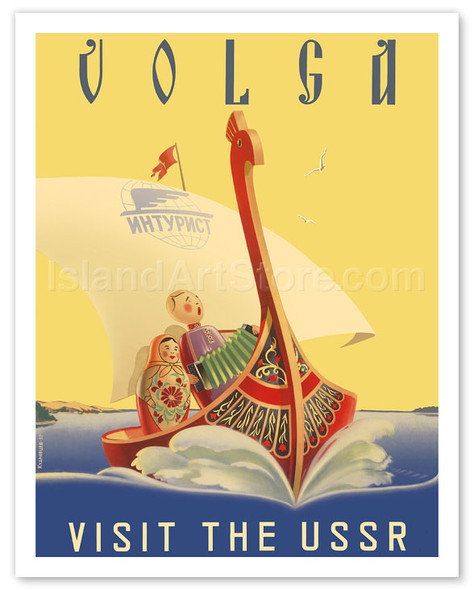 Volga - Visit the USSR - Russian River Cruise - Babushka Doll - Mamushka - Vintage Travel Poster
