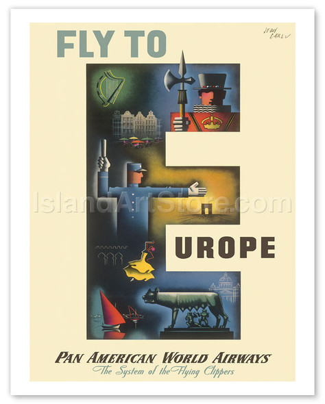 Fly to Europe - European Icons - The System Of The Flying Clippers - Pan American World Airways - Poster by Jean Carlu