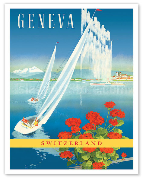Geneva, Switzerland - Water Jet Fountain Lake Geneva - c. 1950 - Poster by Walter Mahrer