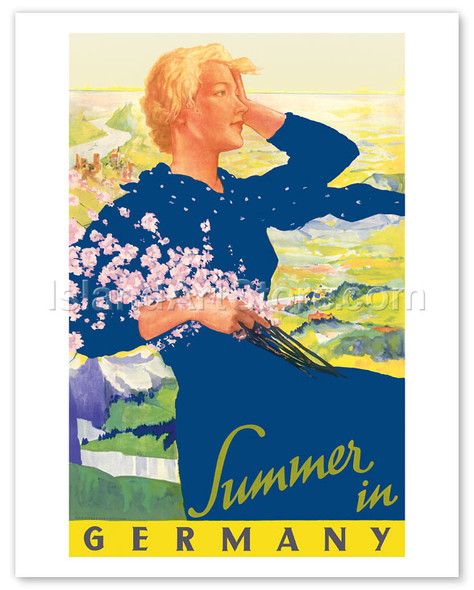 Summer in Germany - Woman with Wildflowers Bouquet - Reichsbahnzentrale (National Railroad Central) - Poster by Ludwig Lutz Ehrenberger