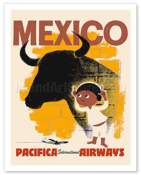 Mexico - Bull and Boy Matador - Pacifica International Airways - c. 1950's - Vintage Airline Travel Poster
