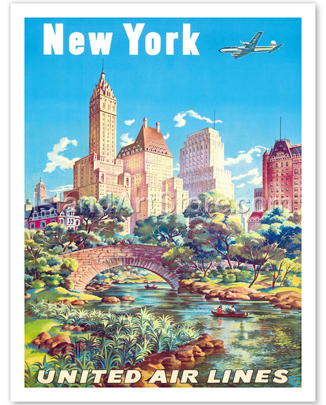 New York - United Air Lines - Gapstow Bridge at Central Park South Pond, Manhattan - Poster by Joseph Fehér