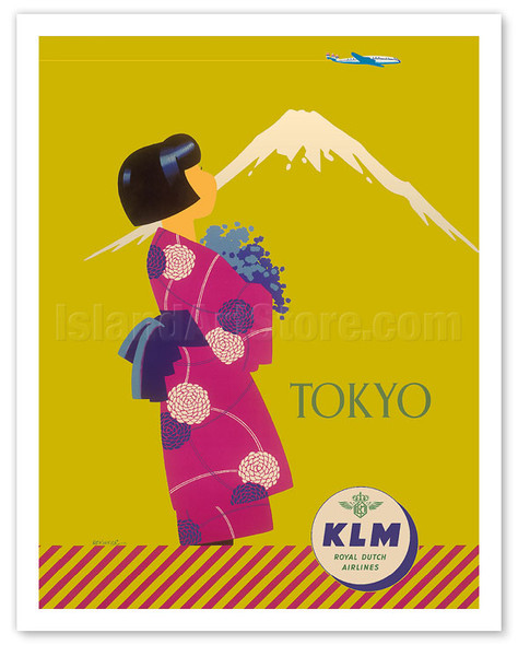 Tokyo Japan - KLM Royal Dutch Airlines - Japanese Girl with Kimono and Mount Fuji - Poster by Koen van Os