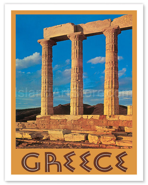 Greece - Temple of Poseidon at Cape Sounion - Vintage Travel Poster