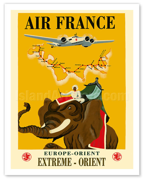 Europe - Orient - Extrême-Orient Flight Routes - Regal Elephant with Howdah (Carriage) - Poster by Ray Bret Koch