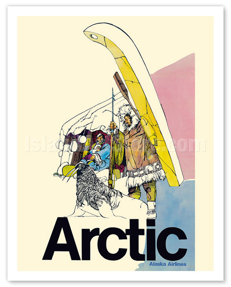 Arctic - Alaska Airlines - Native Inuit Indians and Walrus - 1960's - Vintage Airline Travel Poster