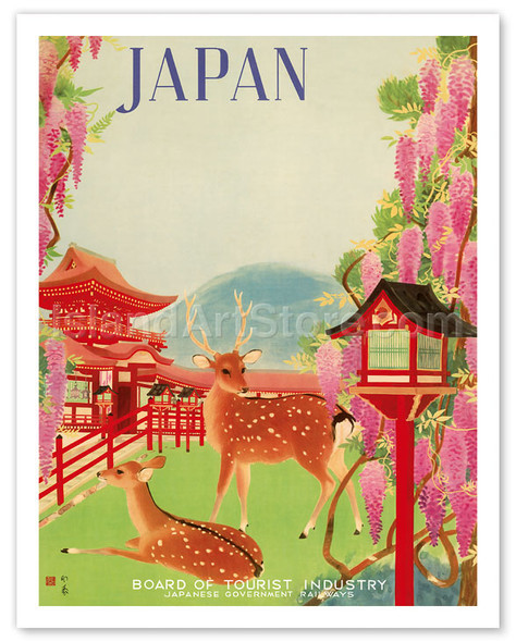 Japan - Todaiji Great Eastern Temple - Nara Temple Deer - Japanese Government Railways - Vintage Railroad Travel Poster