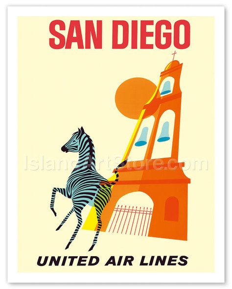 San Diego, California - Zebra - San Diego Zoo - Balboa Park - United Air Lines - Vintage Airline Travel Poster