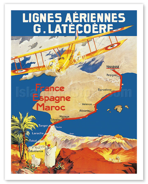 France - Spain - Morocco - Lignes Aériennes (Aeropostale) - Vintage Airline Travel Poster