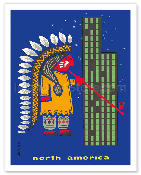 North America - Native American and Skyscraper - Poster by Jean Colin
