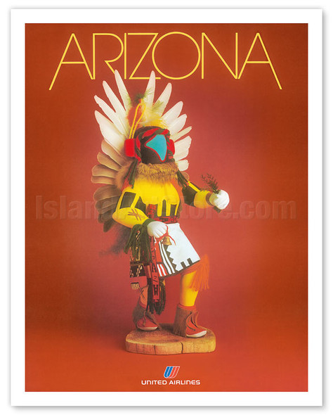 Arizona - United Airlines - Pueblo Native American Kachina Doll - c. 1970's - Vintage Airline Travel Poster