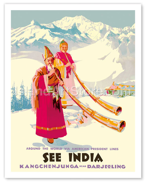 See India - Kangchenjunga near Darjeeling - Tibetan Longhorns - See the World via American President Lines - Vintage Airline Travel Poster