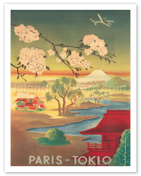 Paris Tokio (Tokyo) - Mt. Fuji And Cherry Blossoms - Vintage Airline Travel Poster