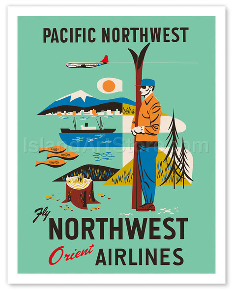 Pacific Northwest - Fly Northwest Orient Airlines - Vintage Airline Travel Poster