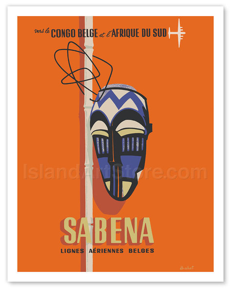 Congo - South Africa - Sabena, Lignes Aeriennes Belges (Belgian Airlines) - Tribal Mask - Poster by Henri Dohet