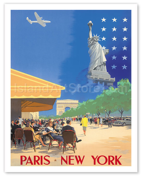 Paris New York - French Cafe And Statue of Liberty - Poster by Vincent Guerra