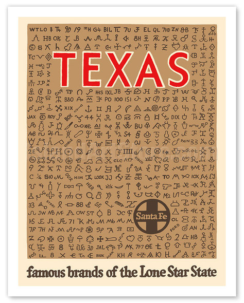 Texas - Famous Cattle Brands of the Lone Star State - Santa Fe Railroad - Vintage Railroad Travel Poster